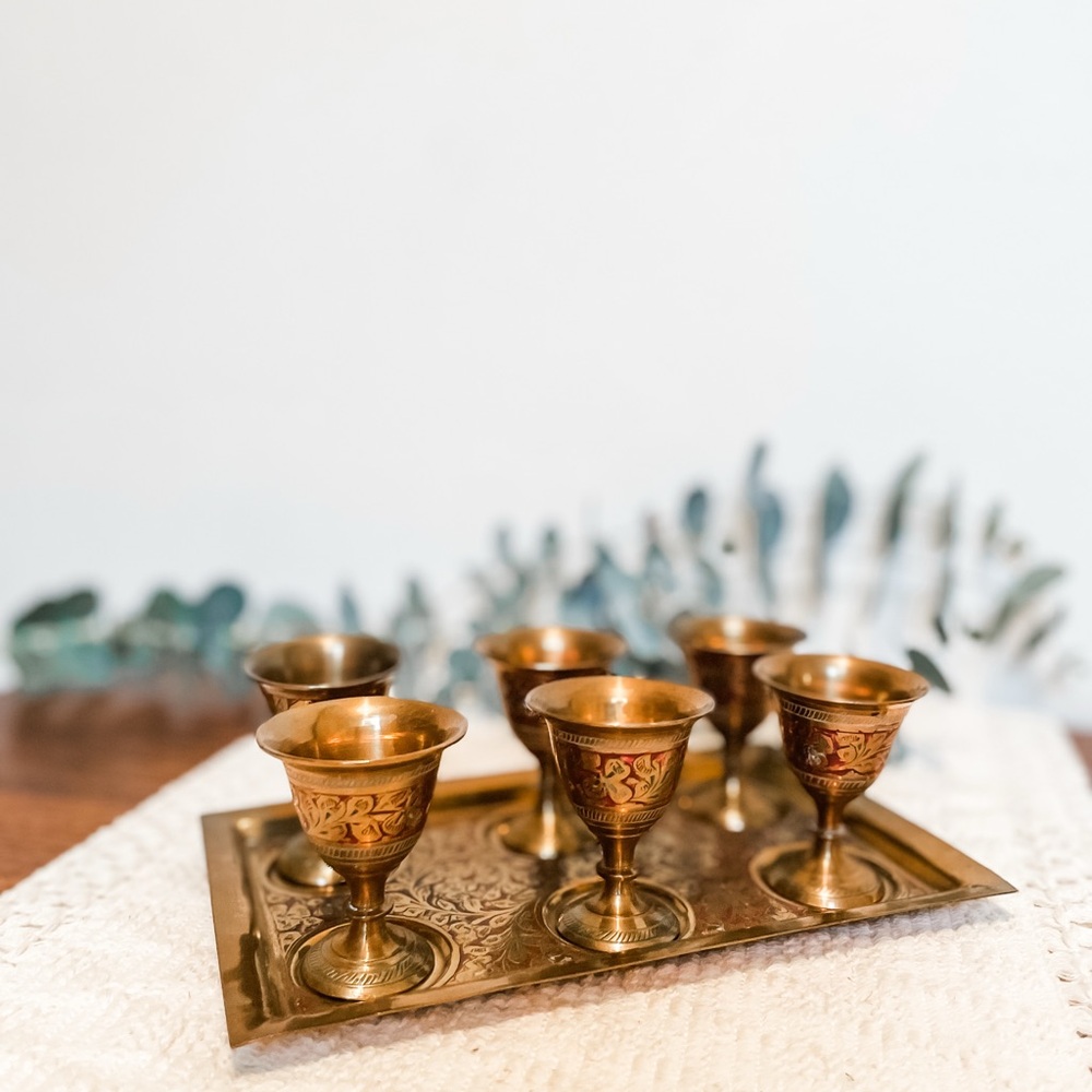 British India Handcrafted Brass Etched Egg Cups or Shot Glasses and Tray
